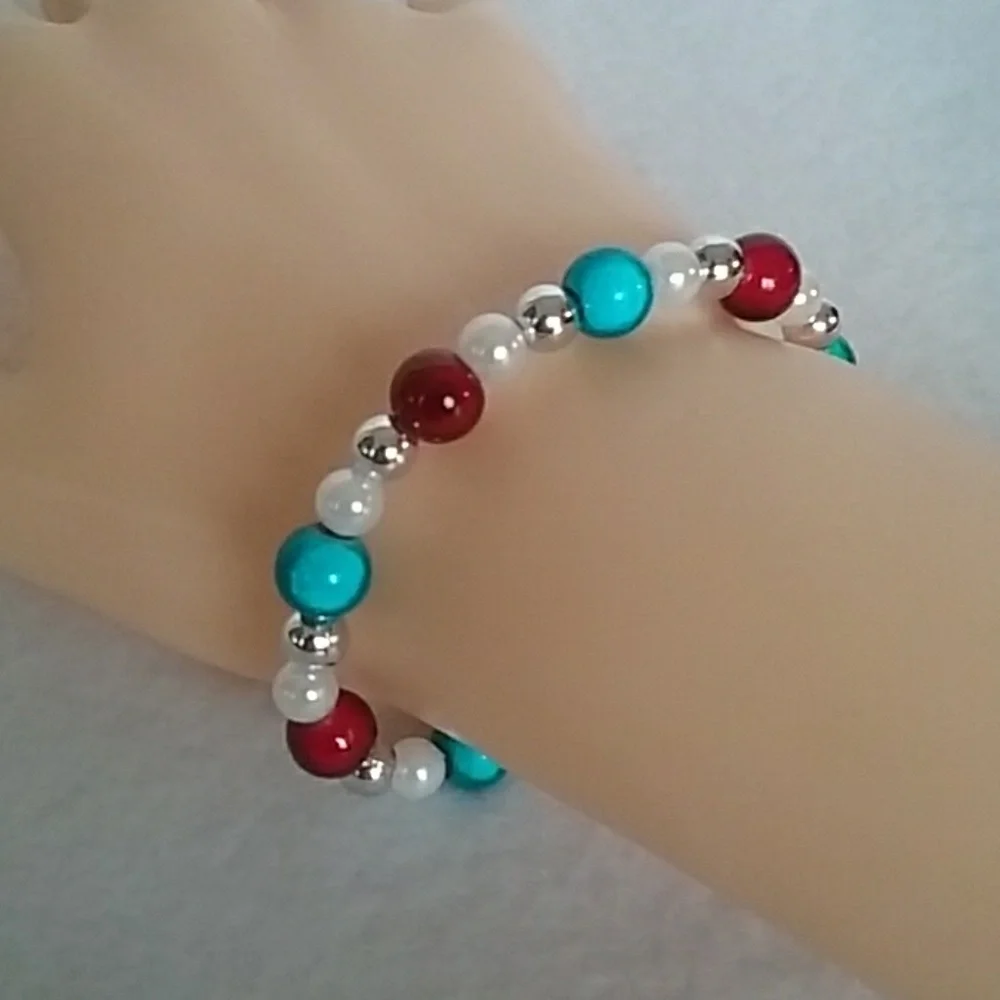 Red, white, blue, and silver beaded stretch bracelet